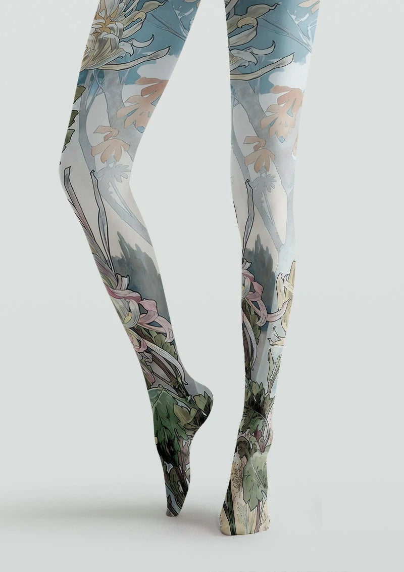 Watercolor Chrysanthemum Floral Tights Hosiery Pantyhose