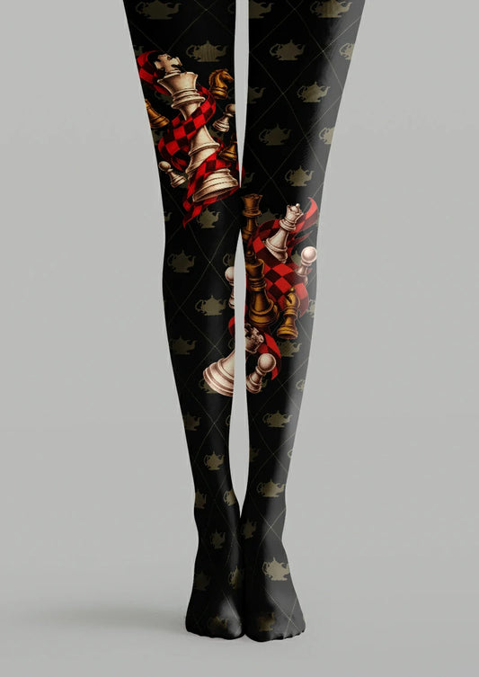 Black printed tights with chess pieces, red ribbons and diamond pattern details