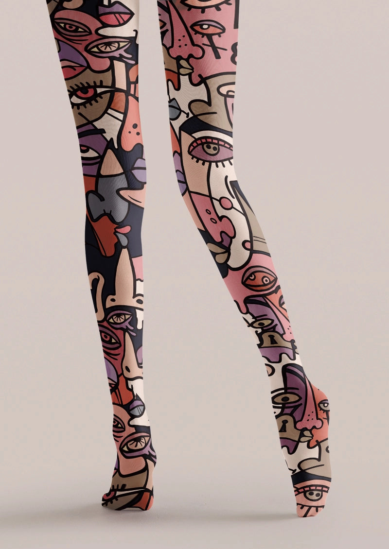 Abstract Face Mosaic Print Tights Hosiery Pantyhose