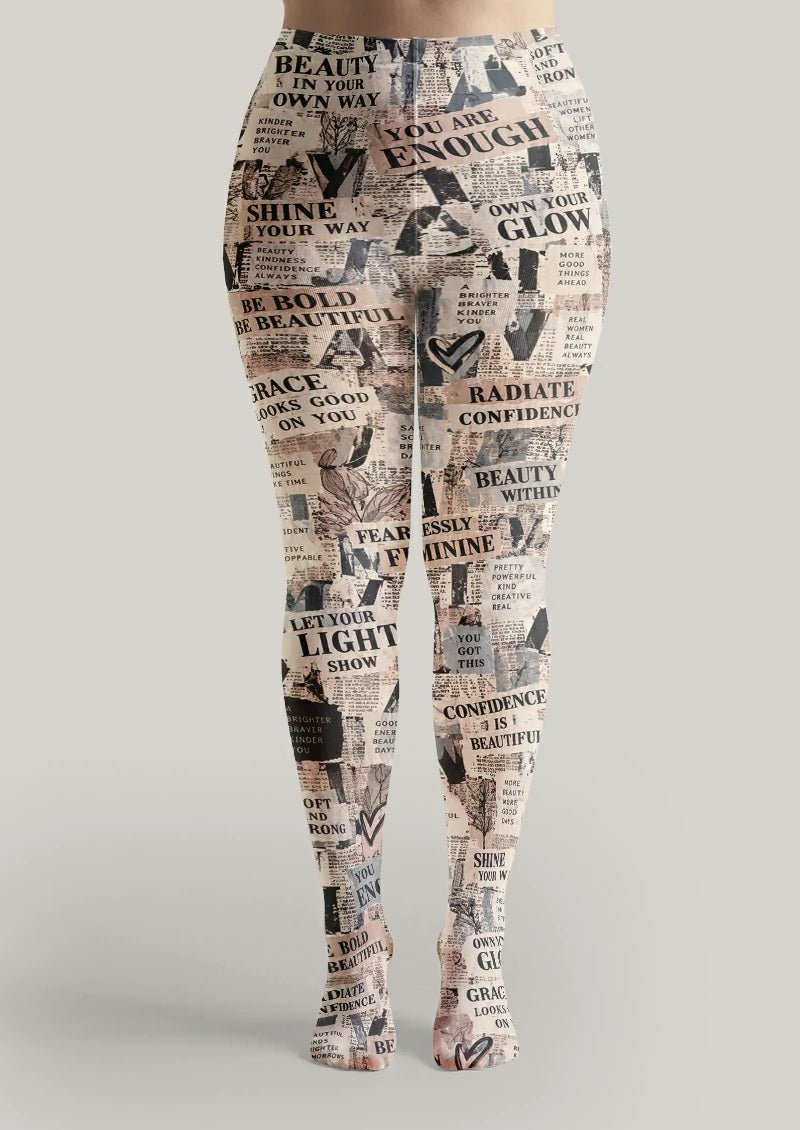 Beige Newspaper Collage Tights