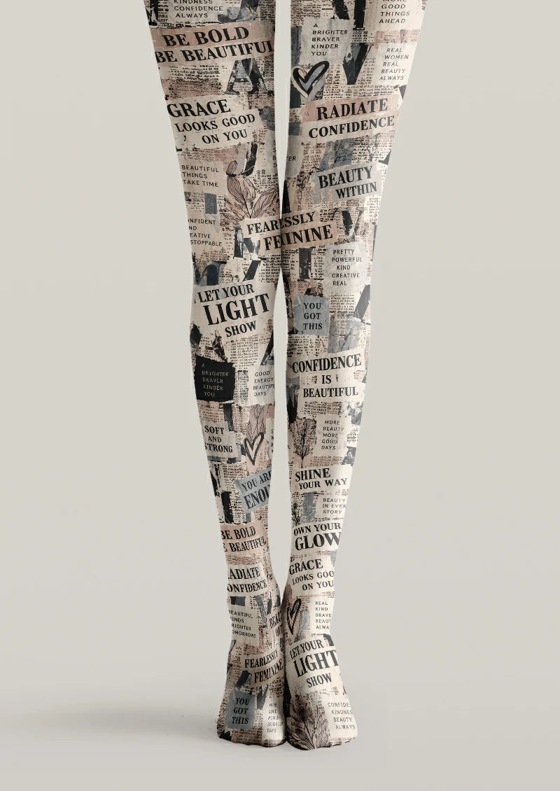 Beige printed tights with black newspaper headlines, affirmations, hearts, and sketched leaves