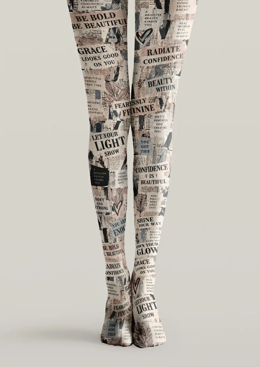Beige printed tights with black newspaper headlines, affirmations, hearts, and sketched leaves