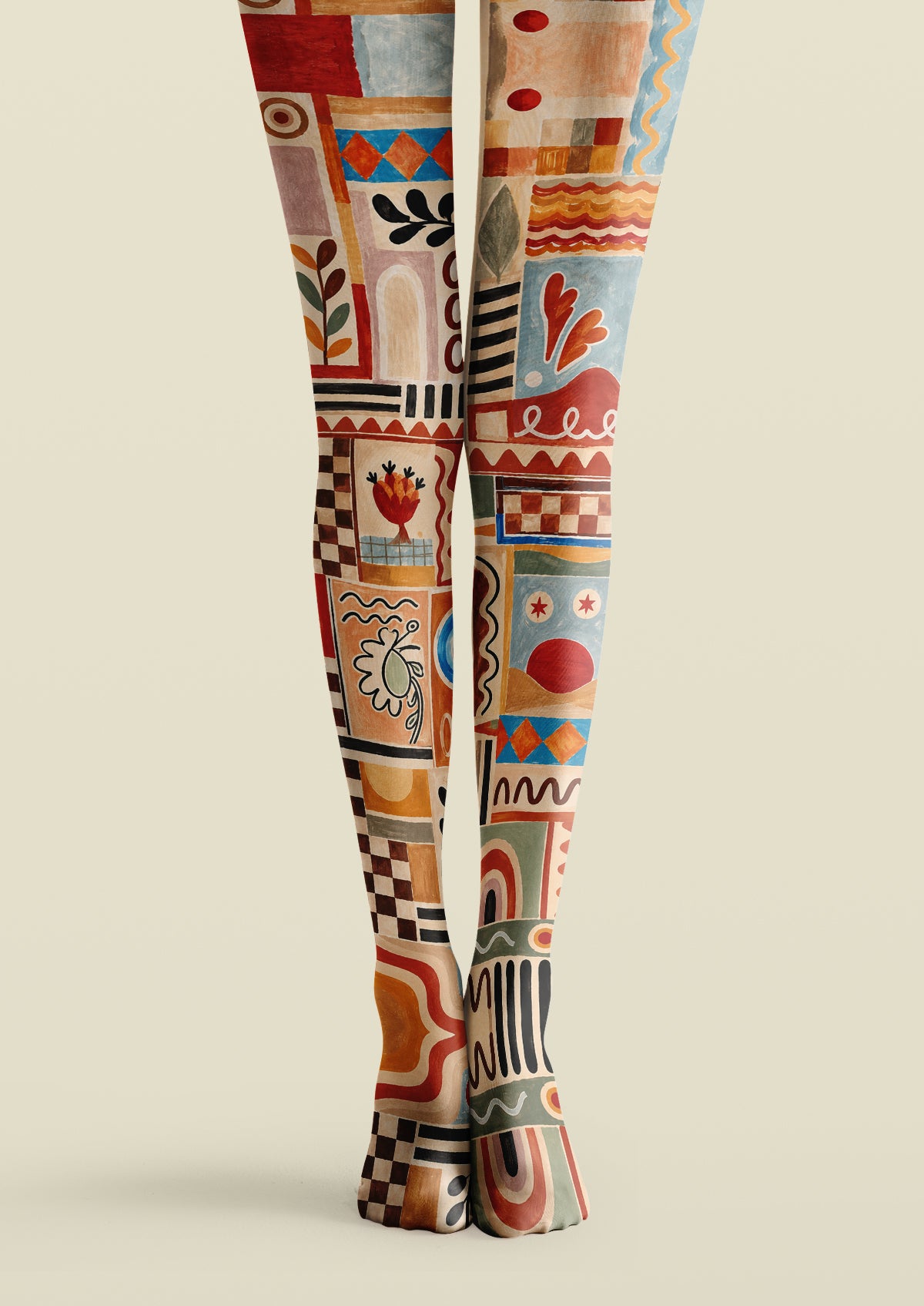 Multicolor printed tights with geometric patchwork, checkerboards, arches, leafy motifs, and floral details.