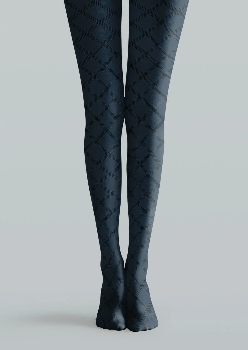 Navy printed tights with fine black diagonal plaid lines