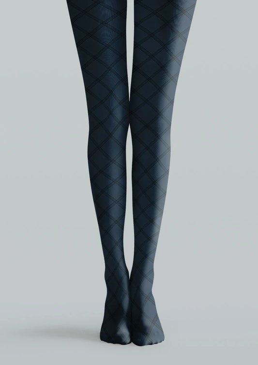 Navy printed tights with fine black diagonal plaid lines
