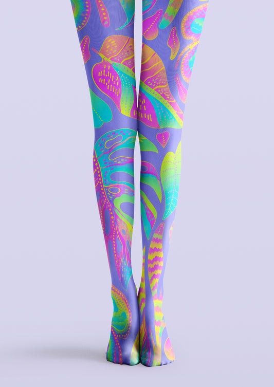 Neon Tropical Leaf Print Tights Hosiery Pantyhose