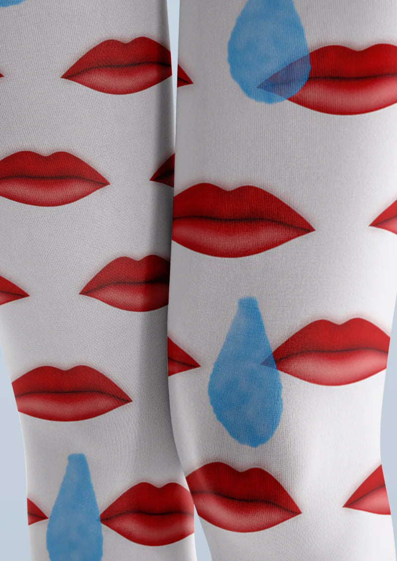 White Red Lip Print Tights