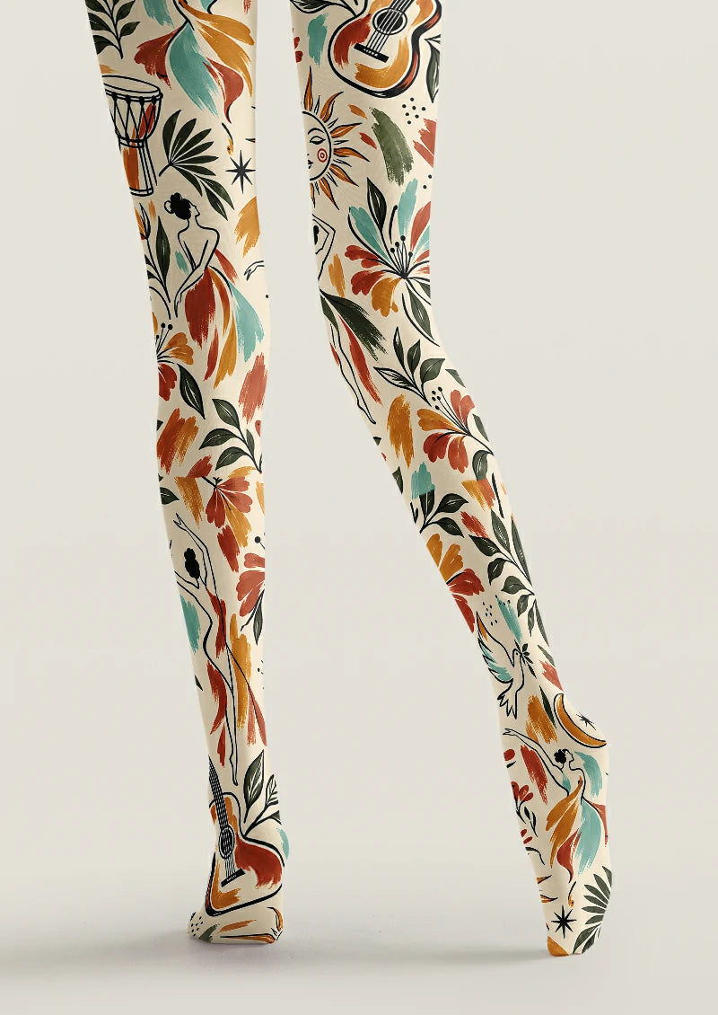 Ivory printed tights with dancing figures, guitars, drums, sun faces, orange accents and green foliage.