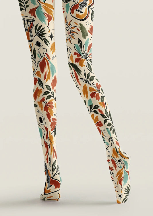 Ivory printed tights with dancing figures, guitars, drums, sun faces, orange accents and green foliage.