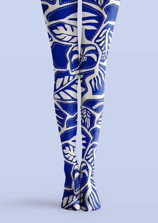 Blue Botanical Porcelain Print Tights Hosiery Pantyhose