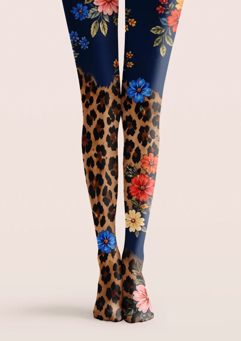 Navy tights with colorful floral and brown leopard print, featuring mixed botanical clusters and black markings.