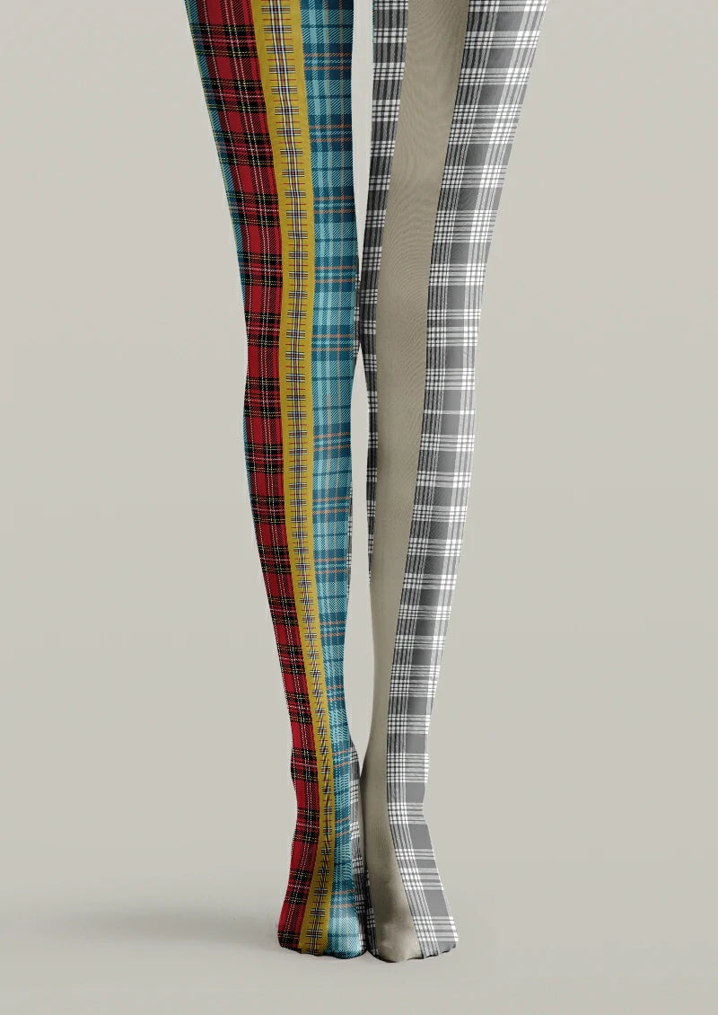Gray printed tights with red, yellow and blue plaid panels on one leg and gray-and-white checks beside a plain panel.