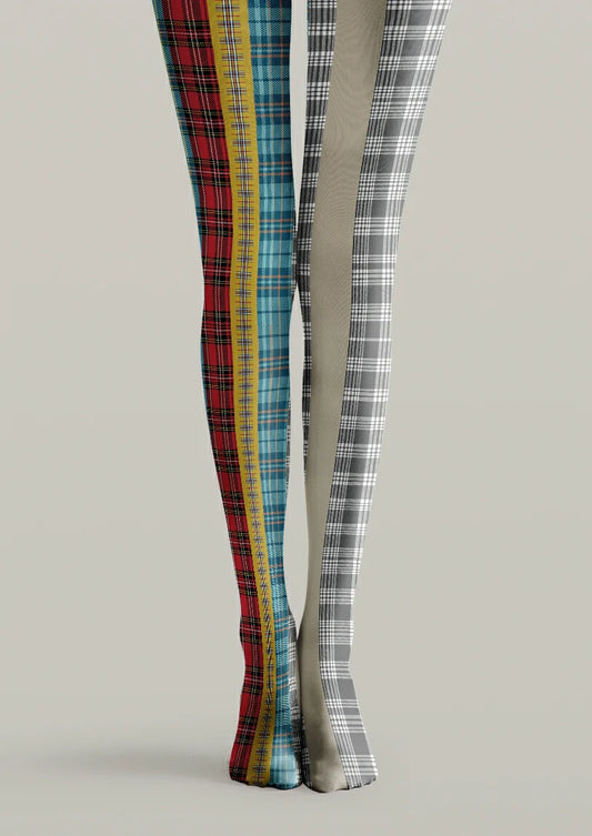 Gray printed tights with red, yellow and blue plaid panels on one leg and gray-and-white checks beside a plain panel.