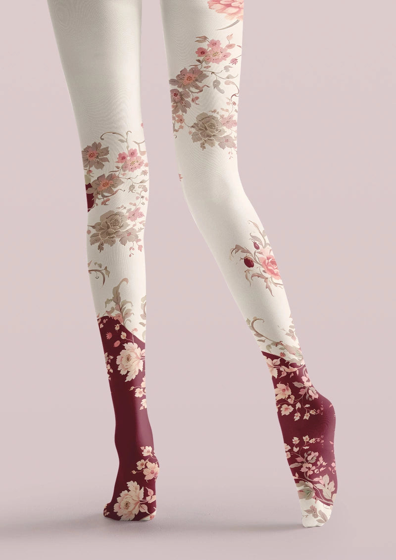 Vintage Blush Burgundy Floral Ombre Print Tights Hosiery Pantyhose