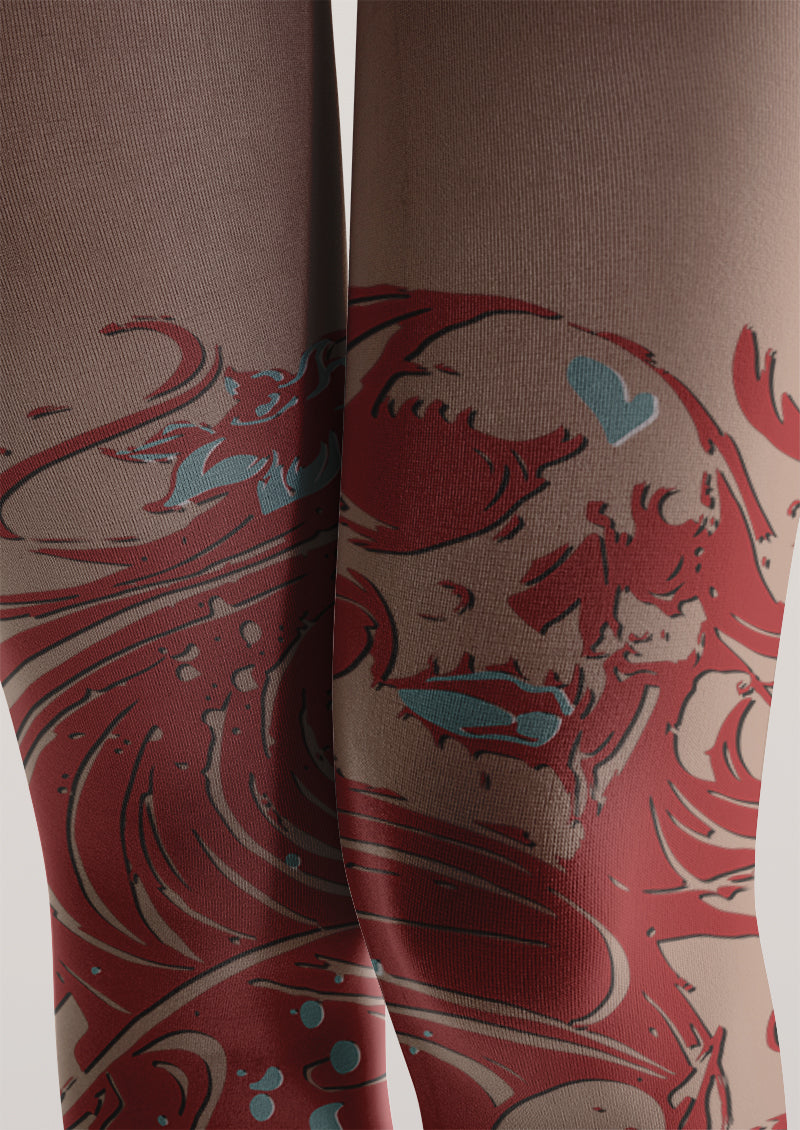 Red Wave Graphic Tattoo Print Tights Hosiery Pantyhose