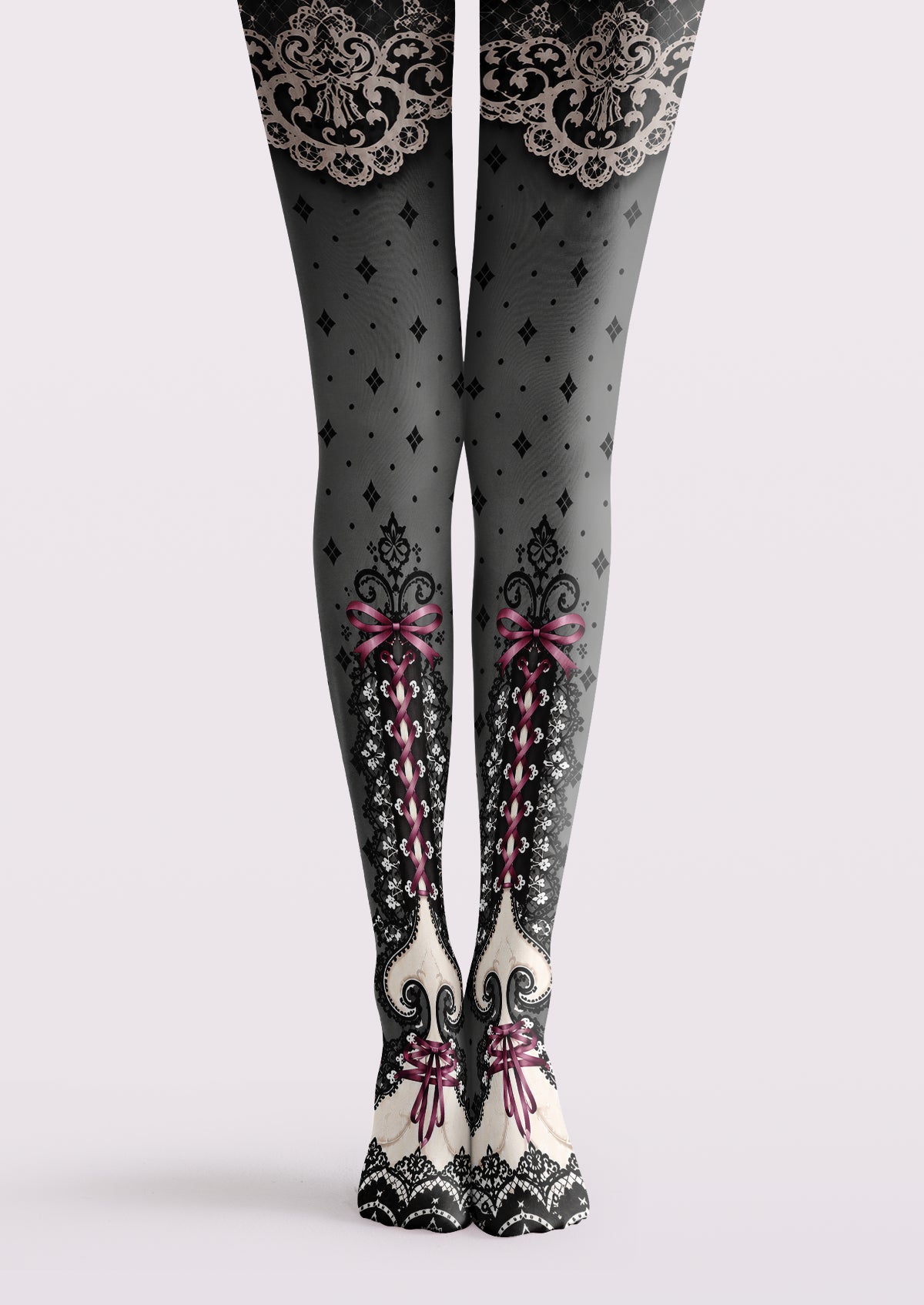 Gray printed tights with black and ivory lace motifs, pink ribbon bows, crisscross lacing and small diamond patterns.