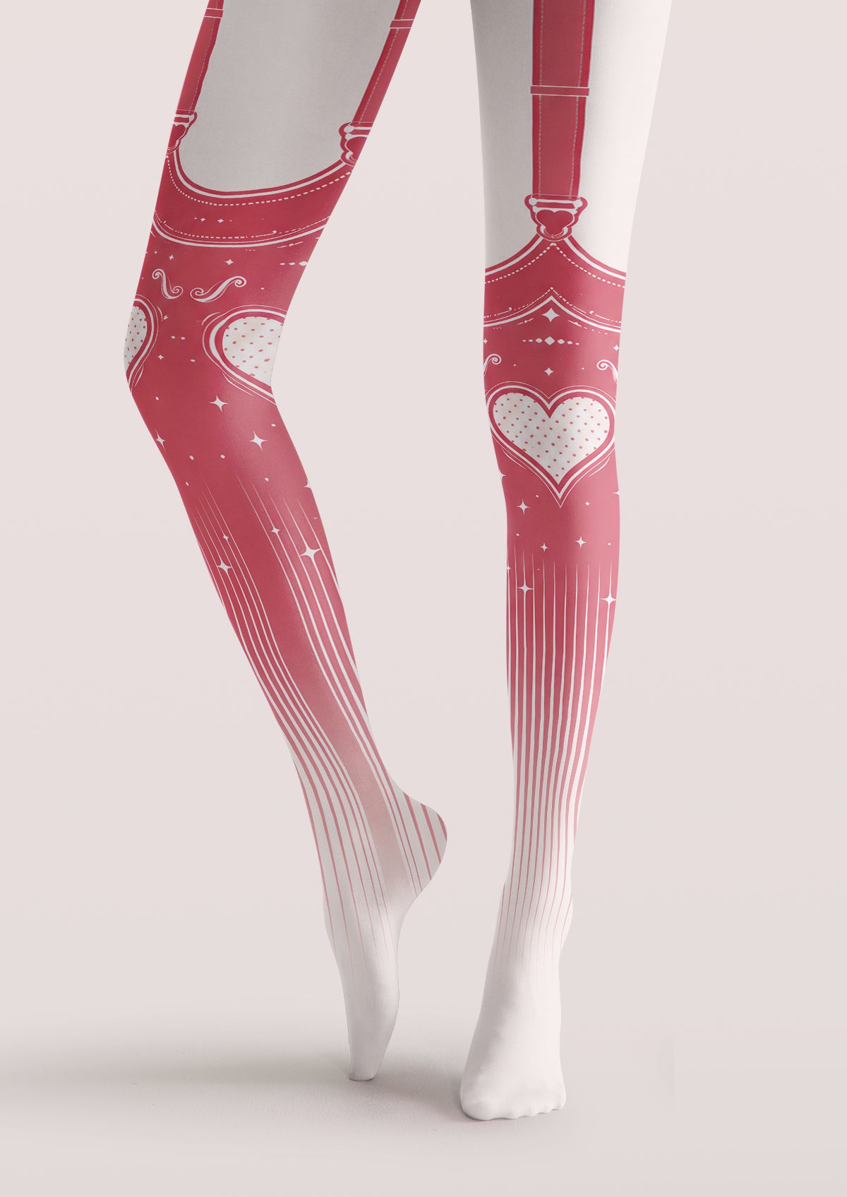 White Pink Heart Garter Tights