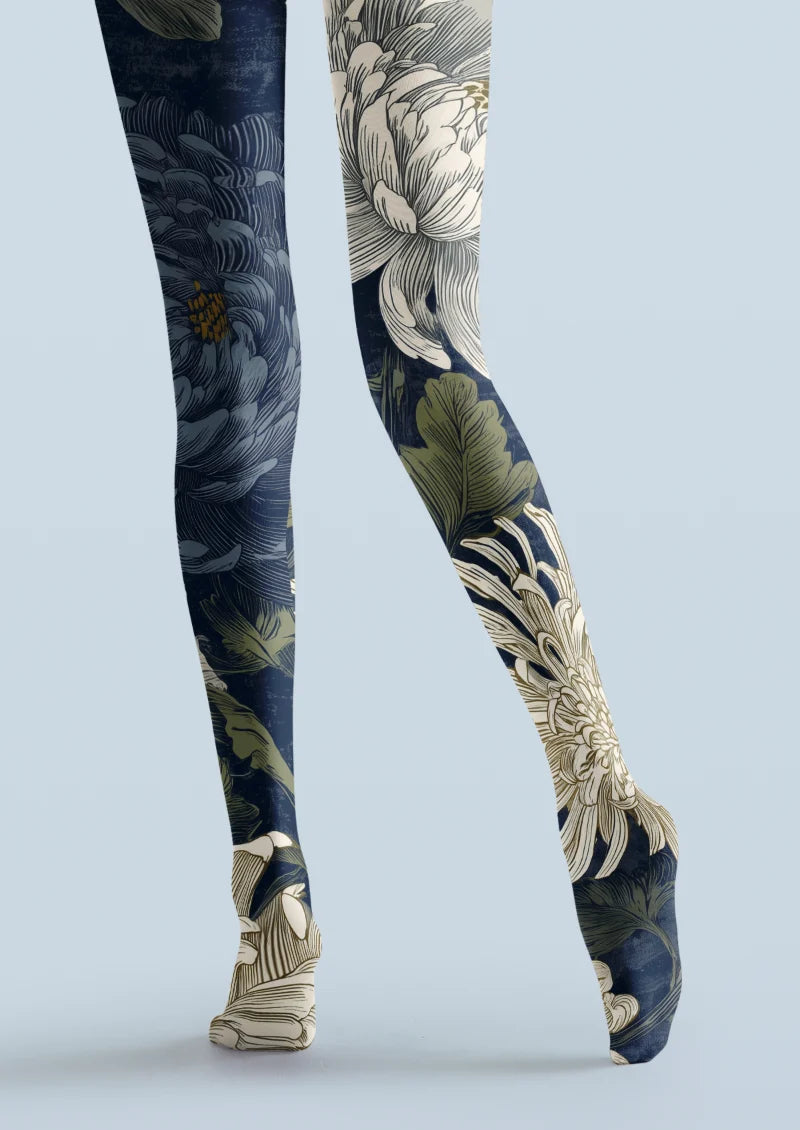 Navy Ivory Floral Tights