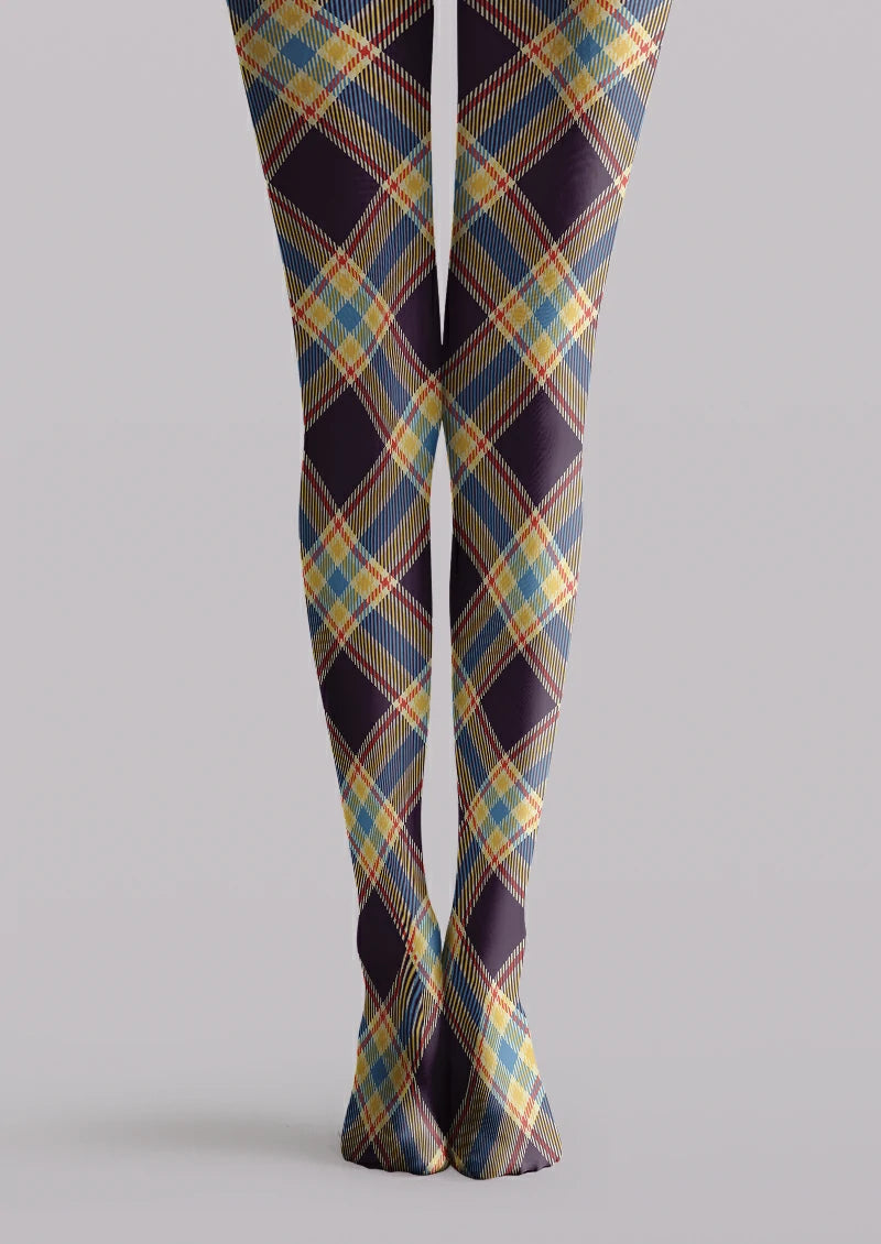 Multicolor printed tights with navy, blue, yellow, red, and cream plaid lines