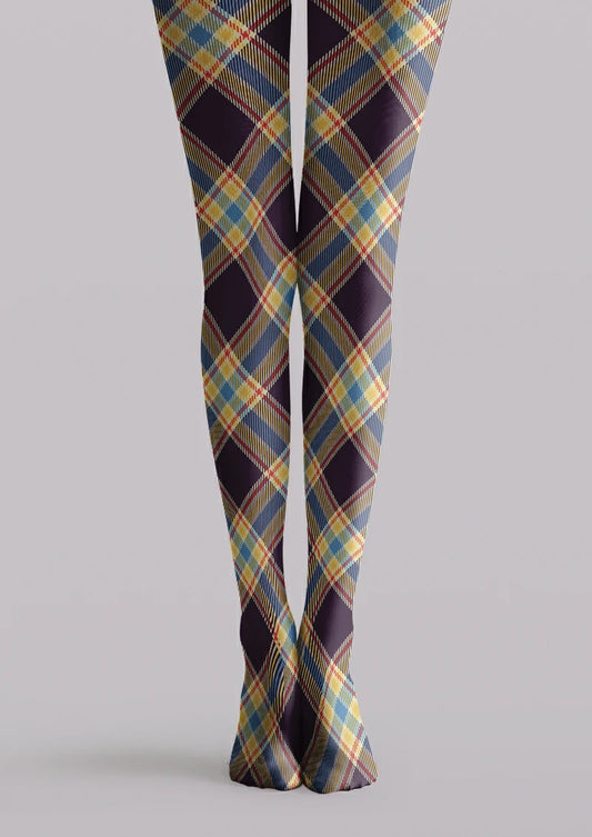 Multicolor printed tights with navy, blue, yellow, red, and cream plaid lines