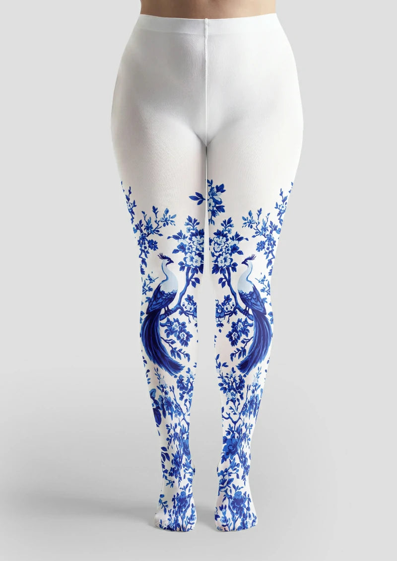 White Peacock Floral Tights