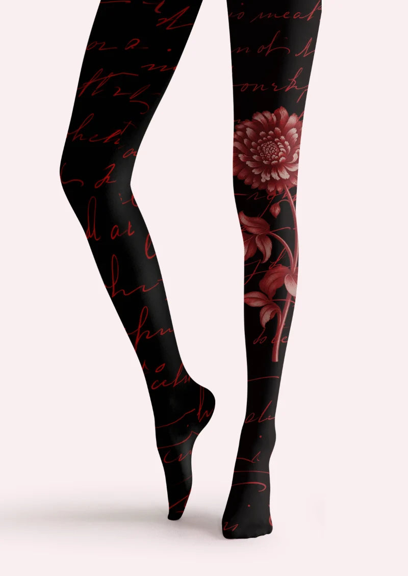 Black Floral Script Tights
