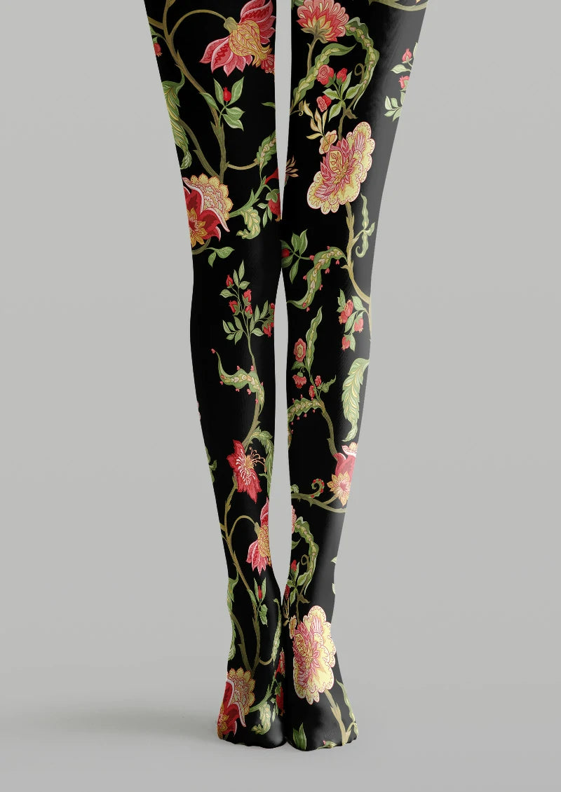 Black Pink Botanical Tights