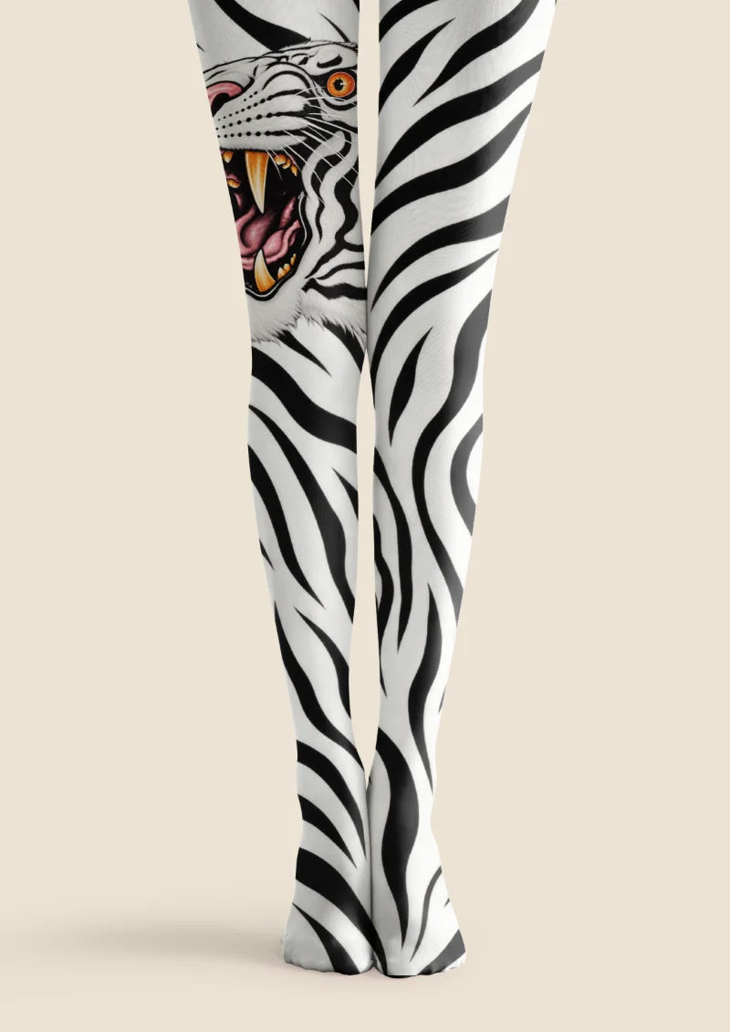 White tights with black tiger stripes and a roaring tiger head on one thigh, with orange and pink printed details.