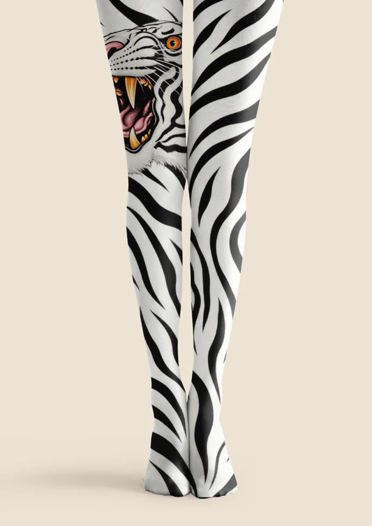 White tights with black tiger stripes and a roaring tiger head on one thigh, with orange and pink printed details.