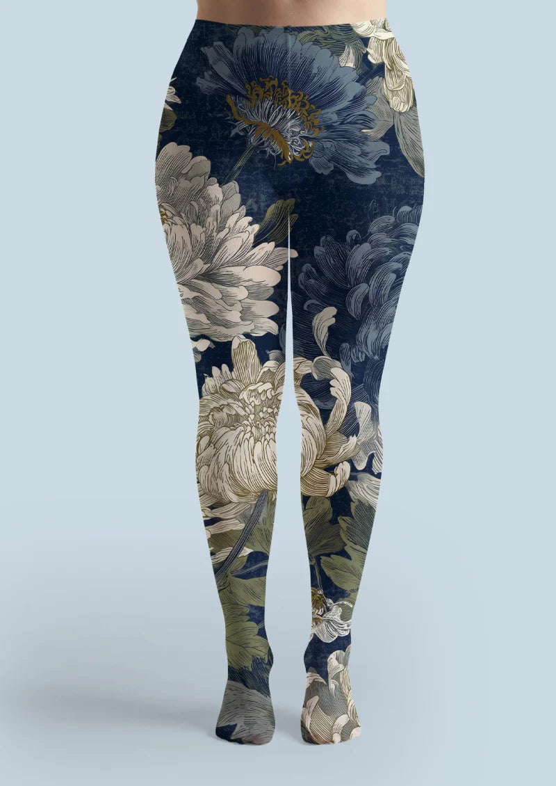 Navy Ivory Floral Tights
