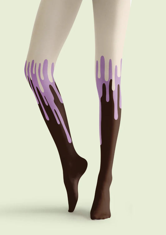 Brown tights with a melting ice cream motif, lavender purple drips and a light beige upper section