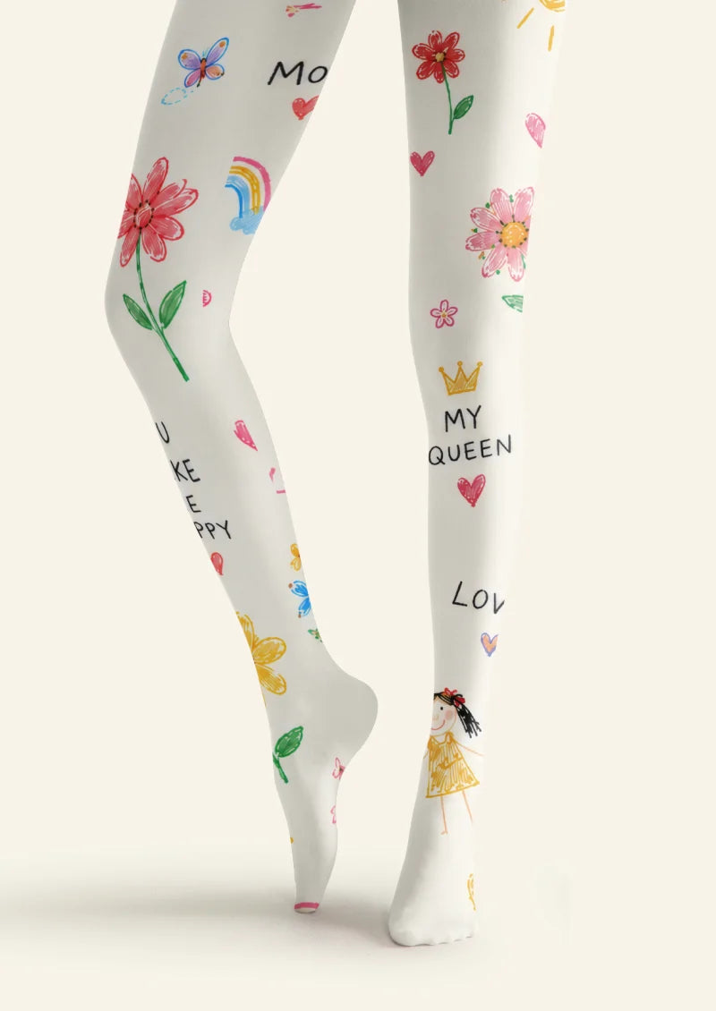 White Crayon Floral Doodle Tights
