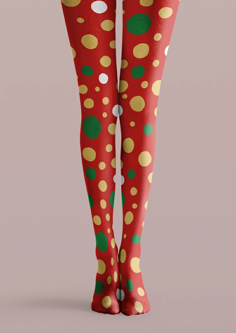 Red printed tights with yellow, green and white polka dots in varied sizes and irregular spacing.