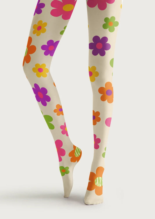 Ivory tights with rounded flowers in orange, purple, green, pink, and yellow, with contrasting centers