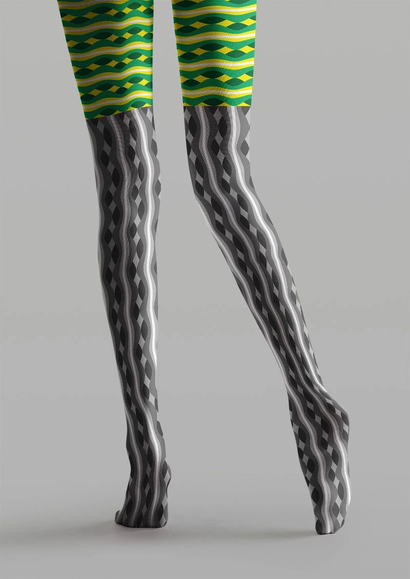 Two-Tone Green Grey Geometric Striped Pattern Tights Hosiery Pantyhose