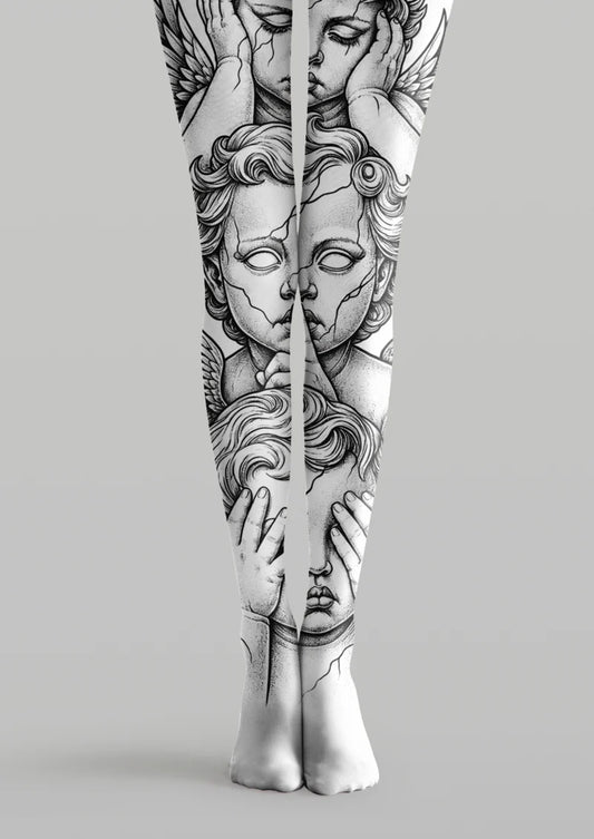 White printed tights with black cherub faces, wings, hands, and cracked statue-style linework across both legs