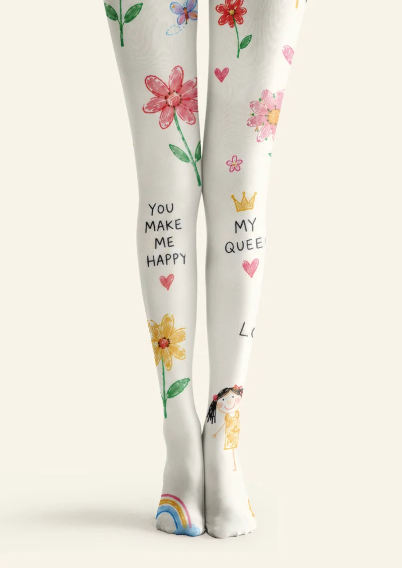 White tights with crayon-style flowers, hearts, rainbows, butterflies, illustrated figures and handwritten Mom messages