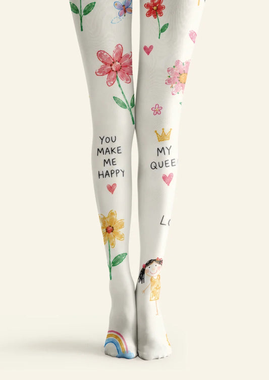 White tights with crayon-style flowers, hearts, rainbows, butterflies, illustrated figures and handwritten Mom messages