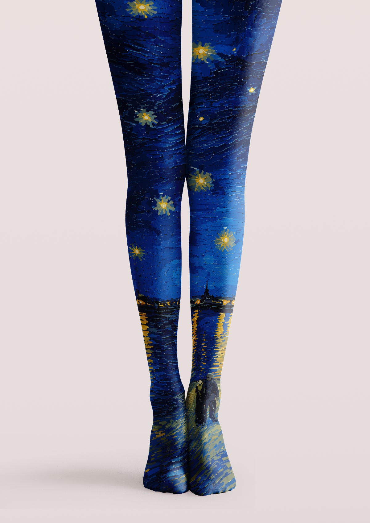 Blue printed tights with a swirling navy night sky, yellow stars, water reflections, a distant shoreline, and two small figures.