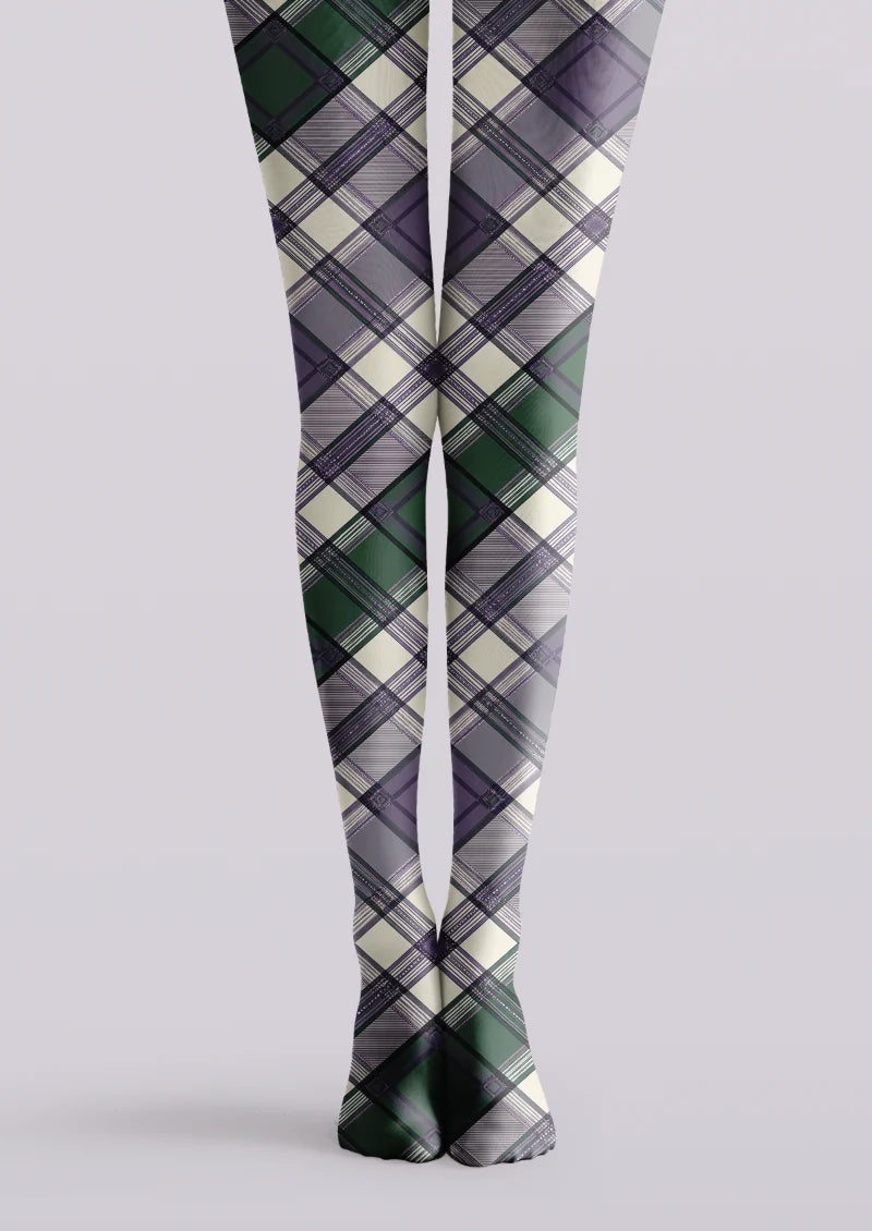 Purple and green printed tights with ivory plaid checks and fine intersecting lines across both legs