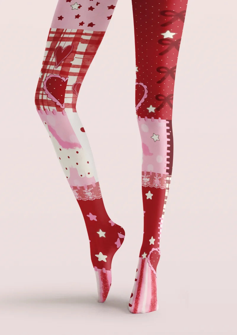 Brown Pink Floral Patchwork Tights