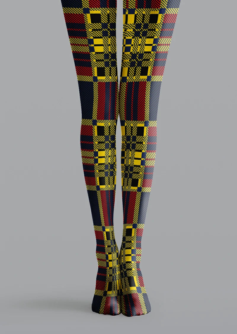 Black printed tights with yellow and red plaid checks, navy sections and fine diagonal lines