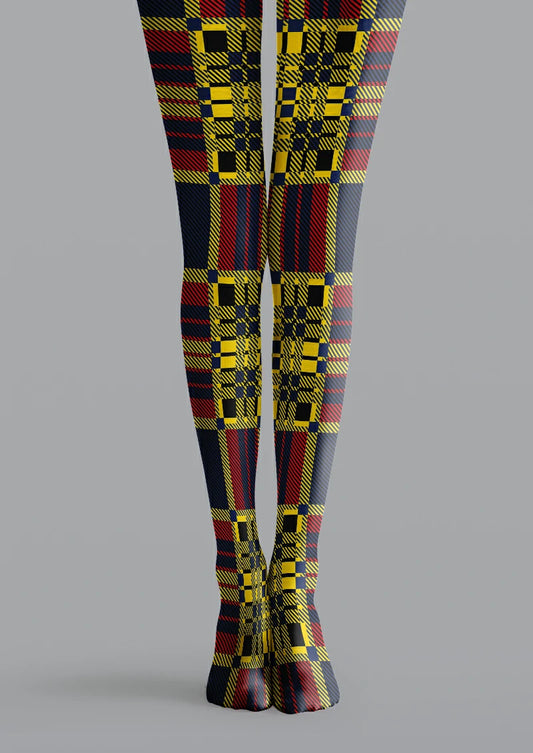 Black printed tights with yellow and red plaid checks, navy sections and fine diagonal lines