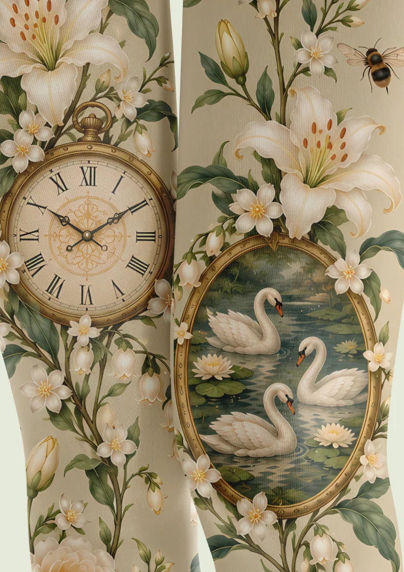 Beige Swan and Pocket Watch Tights