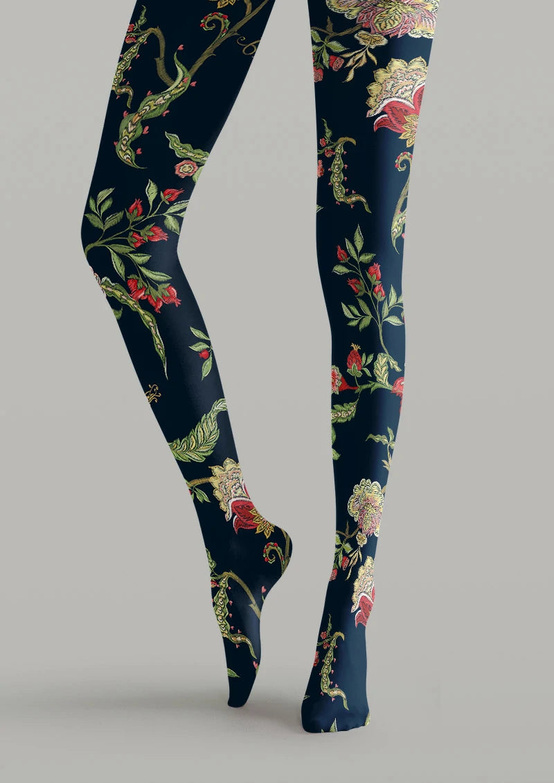 Navy Red Botanical Floral Tights