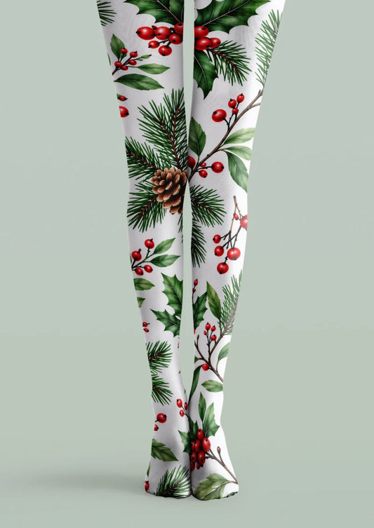 White printed tights with green holly leaves, red berries, pine needles, and pinecones.