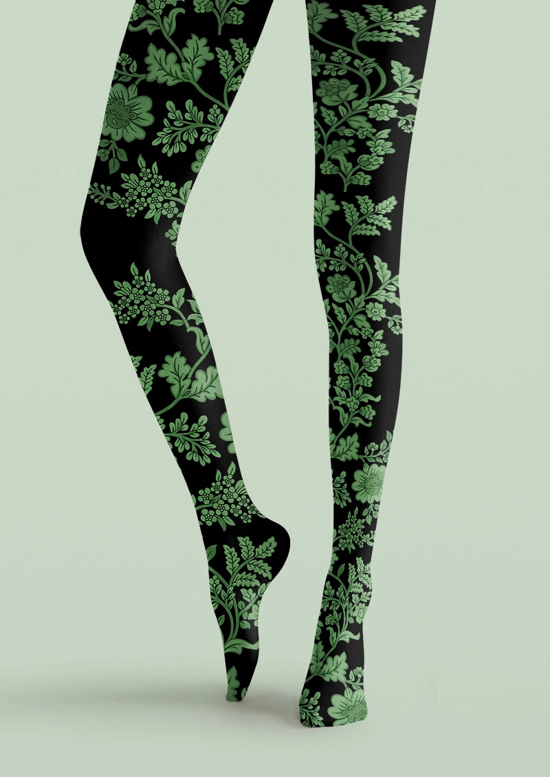 Green Botanical Vine Floral Print Tights Hosiery Pantyhose
