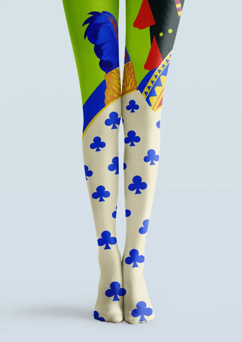 Ivory tights with blue playing card clubs, a green upper section, red shapes, yellow borders, and a blue feather motif.