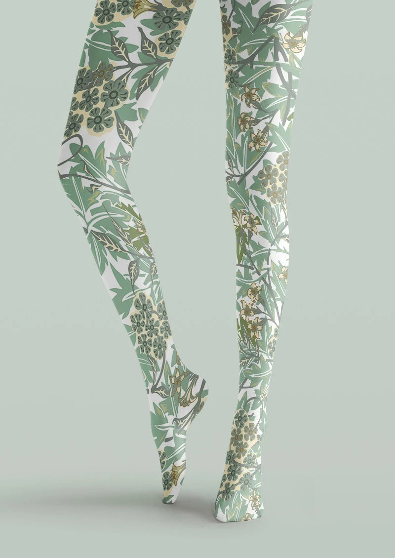 Sage Botanical Vine Floral Tights Hosiery Pantyhose