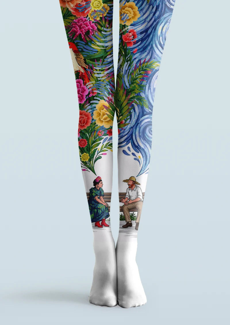 Multicolor printed tights with flowers, green foliage, blue swirls, a red bird, and illustrated figures across both legs